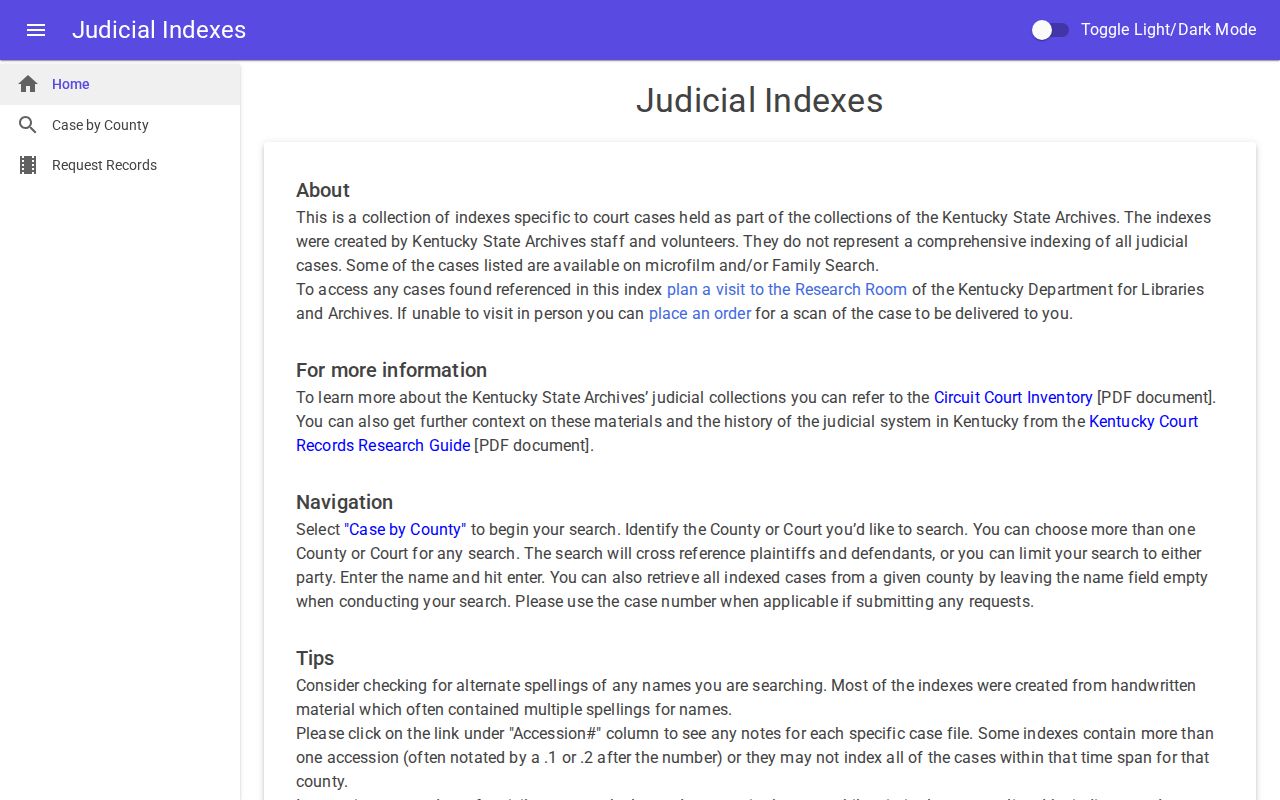 Kentucky Judicial Indexes historical court search page