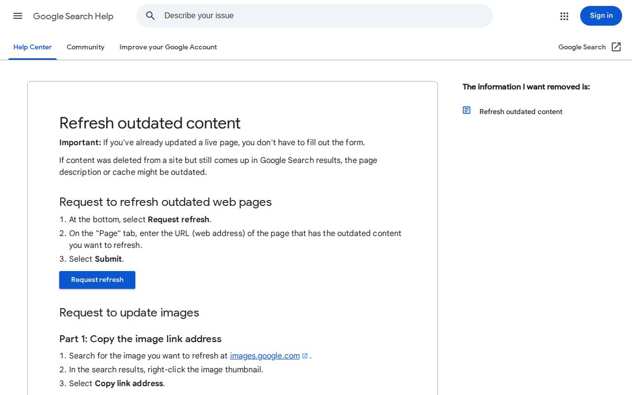 Google instructions for requesting refresh of outdated search results