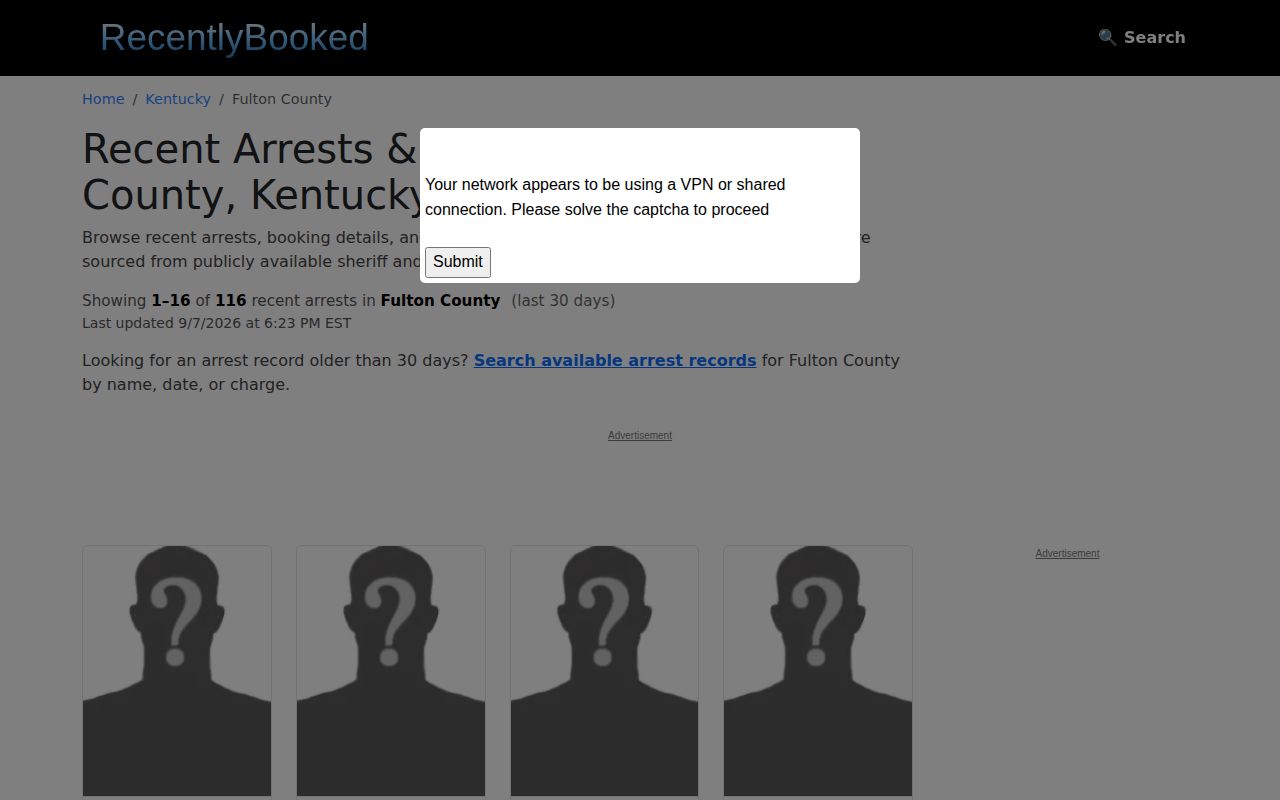 RecentlyBooked Fulton County page with its mugshot availability statement